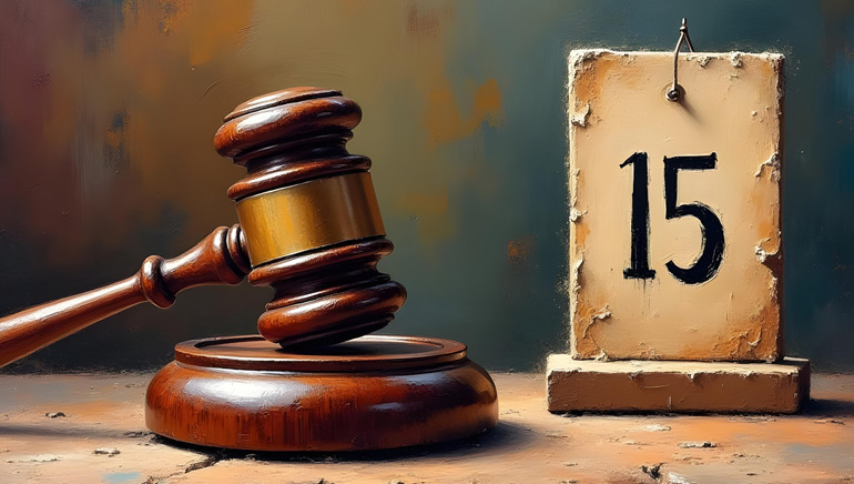 Judge's gavel and a signboard with the number 15.
