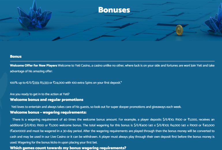 Yeti Casino Bonuses